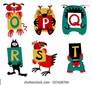 Kids alphabet with cute colorful monsters or insects. Funny fictional character with letters in their paws. Vector illustration for school and education