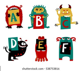 Kids alphabet with cute colorful monsters or insects. Funny fictional character with letters in their paws. Vector illustration for school and education