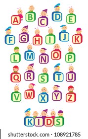 Kids alphabet design. Kids hold blocks with letters. Vector illustration