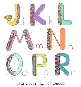 Kids alphabet with elements zen tangle, doodling style for children education. Vector illustration on white background. Letters J K L M N O P R
