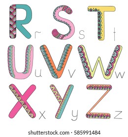 Kids alphabet with elements zen tangle, doodling style for children education. Vector illustration on white background. Letters R S T U V W X Y Z