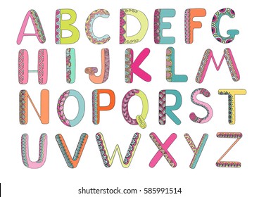 Kids alphabet with elements zen tangle, doodling style for children education. Vector illustration on white background. Size A4.