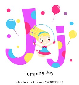 Kids alphabet. English letters with cartoon children characters. J for jumping Joy. Happy Girl playing with jumping rope