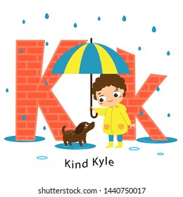 Kids alphabet. English letters with cartoon children characters. K for kind Kyle. Boy save dog from rain.
