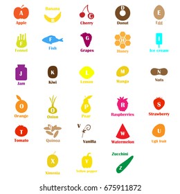 Kids alphabet with fruits and vegetables. Vector illustration for print, cards and creative design