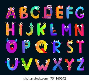 Kids alphabet with funny monster letters. Vector cute characters. Alphabet character monster, funny cartoon letter abc illustration