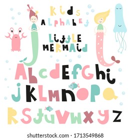 Kids alphabet for inscriptions in childish design. Cartoon Hand drawn graphic font. For typography poster, greeting card, banner. Mermaids ABC. Vector illustration isolated on white background.