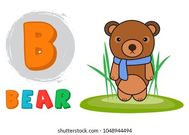 Kids alphabet learning, B for Bear. Vector illustration of cute teddy bear and children's text B. Can be used for kids learning, books, comics, poster, banner, icon, and school designs. 