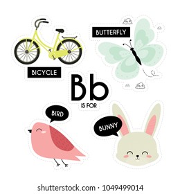 Kids alphabet. Letter B. Vector set of Cartoon badges, cute  stickers. Patch of fashion pin badges with bird, bunny, butterfly and bicycle