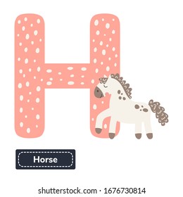 Kids alphabet. Letter d. Cute nursery print cartoon horse. Vector illustration.