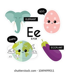 Kids alphabet. Letter E. Vector set of Cartoon badges, cute  stickers. Patch of fashion pin badges with egg, eggplant, earth and elephant.