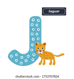 Kids alphabet. Letter j. Cute cartoon jaguar. Vector illustration.