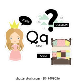Kids alphabet. Letter Q. Vector set of Cartoon badges, cute  stickers. Patch of fashion pin badges with queen, question and quilt.