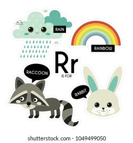Kids alphabet. Letter R. Vector set of Cartoon badges, cute  stickers. Patch of fashion pin badges with rain clouds, rainbow, rabbit and raccoon.