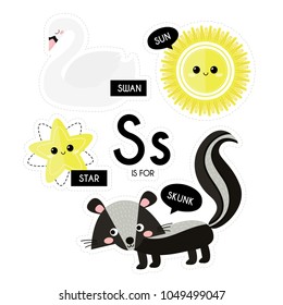 Kids alphabet. Letter S. Vector set of Cartoon badges, cute  stickers. Patch of fashion pin badges with sun, swan, star and skunk.