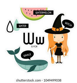 Kids alphabet. Letter W. Vector set of Cartoon badges, cute  stickers. Patch of fashion pin badges with witch, whale, water and watermelon.