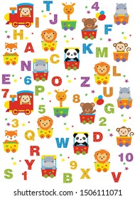 kids alphabet print with cartoon colored animals and stars on a white background