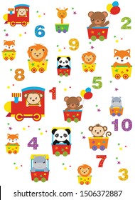 kids alphabet print with cartoon colored animals and stars on a white background