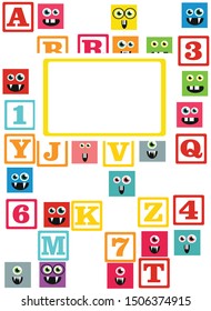 kids alphabet prints with square colored monsters with copy space