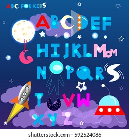 KIds alphabet. Space background. Vector illustration.