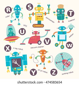 Kinder-Alphabet. Vektorroboter im Cartoon-Stil. R, S, T, U, V, W, X, Y, Z, Teil 3.