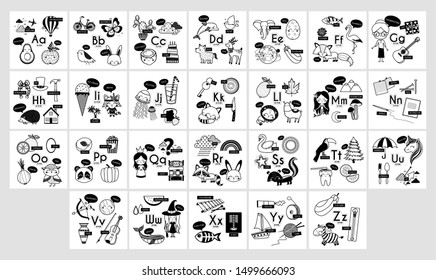 Kids alphabet. Vector set of Cartoon badges, cute stickers. Patch of fashion pin badges.