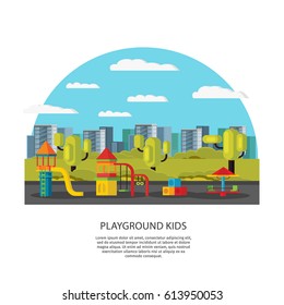 Kids amusement and entertainment concept with playground carousels equipment and elements on summer cityscape vector illustration