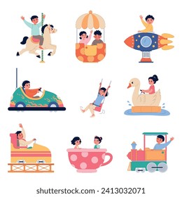 Kids in amusement park. Children riding on different carousels. Girl and boys in attractions. People having fun. Rollercoaster and merry-go-round. Ferris wheel. Splendid vector set