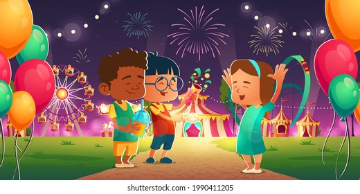 Kids in amusement park with circus, ferris wheel and roller coaster. Cheerful children friends visit night funfair with fireworks and balloons, carnival weekend entertainment, Cartoon illustration