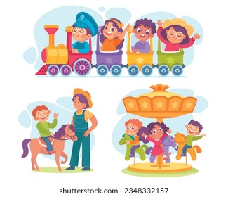 Kids in Amusement Park Engaged in Different Entertainment Riding Horse and Train Vector Set
