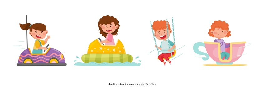 Kids in Amusement Park Riding Carousel Attraction Vector Set