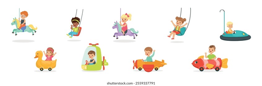 Kids in Amusement Park Riding Carousel Attraction Vector Set