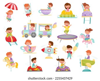 Kids in Amusement Park Swinging and Riding Carousel Attraction Vector Set