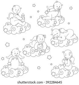 Kids angels in the clouds. Newborn baby icon.  Vector illustration. Child resting at night. Baby shower card