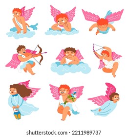 Kids angels with wings flying and floating in heaven. Cupid with bow shooting, cute personage with flower bouquet and lantern with light. Small characters with smiling faces. Vector in flat style