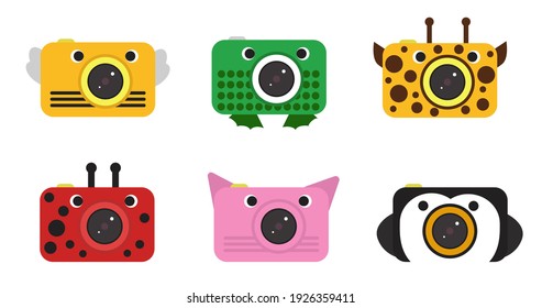 Kids animal cameras set flat style vector illustration