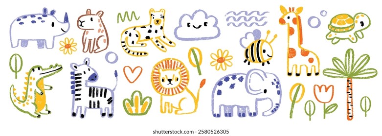 Kids animal doodle set, vector hand drawn childish African scribble, cute cartoon elephant, lion. Naive baby nature sticker, colorful pencil illustration, crocodile, capybara, palm. Kids doodle design