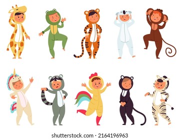 Kids In Animal Pajamas. Child Wear Cloth For Sleepover, Funny Pajama Or Animals Costumes. Isolated Person On Fun Party, Halloween Decent Vector Children