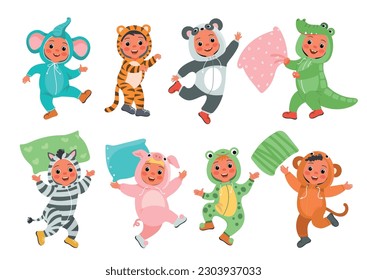 Kids animal pajamas. Funny children in cute nightwear. Sleepover party. Crocodile or elephant outfit. Panda and tiger kigurumi. Pillow fight. Happy boys and girls