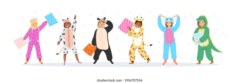 Kids animal pajamas. Smiling boys and girls in overalls, pillow fight and flying feathers. Cute sleepwear for pajama party. Carnival clothes unicorn, panda and rabbit vector cartoon set