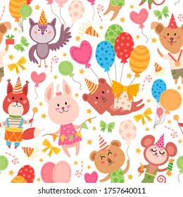 Kids animal party elements pattern. For birthday party. Vector illustration background of colorful balloons, flags, confetti, cupcakes, gifts, bows.