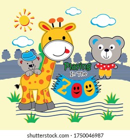kids animal is playing in the zoo, vector illustartion