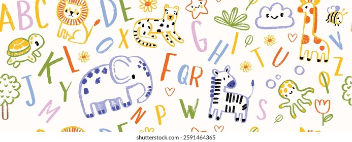 Kids animal seamless pattern, hand drawn childish texture African vector print cute cartoon linen. Naive baby nature background, colorful pencil letters fabric design, elephant. Kids seamless pattern