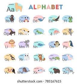 Kids animals alphabet with colorful illustrations. Yak and vulture, bear and rabbit.