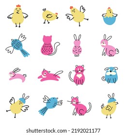 Kids animals and birds with fingerprints.doodle . Vector illustration