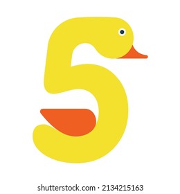 Kids Animals Cartoon with Numbers Five, Vector Illustration. Isolated Image on White Background.