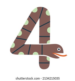 Kids Animals Cartoon with Numbers Four, Vector Illustration. Isolated Image on White Background.