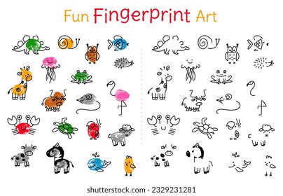 Kinder fangen Fingerabdruckspiel. Art Kindererziehung Babyaktivitäten, Schulunterricht. Spaß-Kind-Zeichnungsspiel mit Druckfinger, klassische Vektorseite