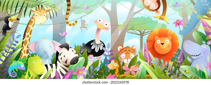 Kids animals in jungle cute friends in the wild tropical forest. Many adorable safari or zoo animals in nature. Horizontal panorama for kids and children, vector art illustration.