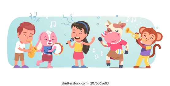 Kids and animals music band singing song playing musical instruments. Cute fantasy concert. Funny cow, monkey, rabbit musicians costume performance concert party show. Flat vector cartoon character